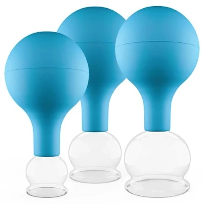 Imagen de Pulox Juego de Ventosas cristal auténtico con ventosa 3 x médicas en azul 25 mm, 32 40 mm