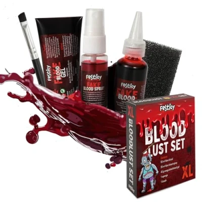 Imagen de Festicy Sangre Falsa Set XL 5 Productos Halloween 2024 I Normal 50 ml, Espray Gel 40 g, Esponja y Pincel Artificial Maquillaje Disfraz