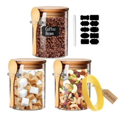 Imagen de Tarros de vidrio con Tapa Hermética Madera y Cuchara, recipientes para almacenamiento alimentos, Botes Cristal decorativos cocina café/té/azúcar/especias/Hierba/Cereales
