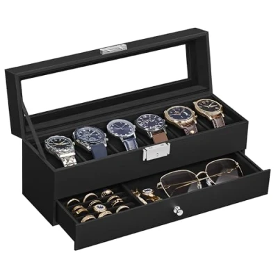 Imagen de SONGMICS Caja de Reloj, Estuche Reloj con Tapa Cristal 2 Niveles para 6 Relojes, Cerradura, 1 Cajón, Anillos Pulseras, Regalo Ideal, Superficie PU Negro y Forro JWB060B02