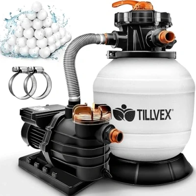 Imagen de tillvex Depuradora de Agua para Piscina 13.200L/h hasta 40.000L + 1200g Bolas Filtro 7 Funciones Filtrado Bomba Arena con Válvula (Blanco/Naranja)