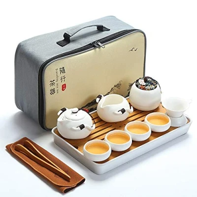 Imagen de fanquare Portátil Juego de Té Kung Fu, Chino Hecho a Mano, Tetera Porcelana, Tazas té, Bandeja bambú, con Una Bolsa Viaje, Blanco