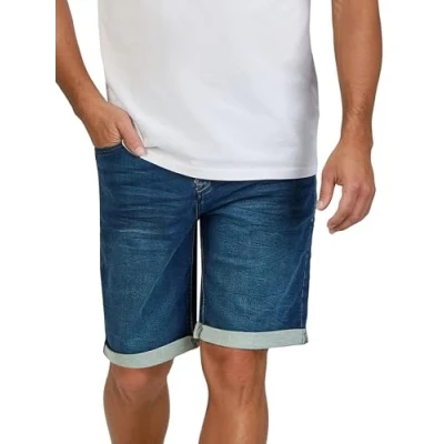 Imagen de DENIMFY pantalones cortos vaqueros para hombre, elásticos, cortos, corte regular, DFAri de verano, color gris, azul, 31, 32, 33, 34, 36, 38, 40, 42, Dark Blue Denim (D84), 31W