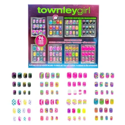 Imagen de Townley Girl Juego de 96 uñas postizas artificiales que brillan en la oscuridad para niños, kit puntas acrílicas cobertura completa, fiestas, fiestas pijamas y cambios imagen