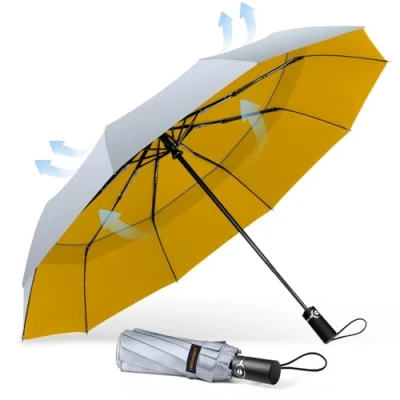 Imagen de TECKNET Paraguas Plegable, Antiviento Sombrilla con Doble Cubierta para Hombres, Automático Abierto y Cierre, Ligero Portátil, Viaje Grandes Umbrella de 10 Varillas, Plata Amarillo