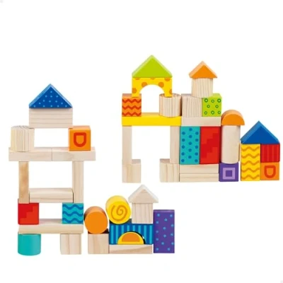 Imagen de WOOMAX Juegos de construcción, 50 piezas, Bordes redondeados, Construcciones para niños, Incluye cubo con tapa y asa, piezas encajables, Torre bloques infantil, Juguetes 24 meses (49764)
