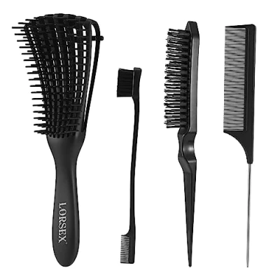 Imagen de LORSEX cepillo para el cabello, desenredar Cabello natural afro 3a a 4c rizado ondulado enredado con juego de peluquín 3 piezas (negro)