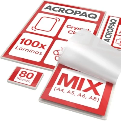 Imagen de ACROPAQ Fundas plastificar MIX 80 mic, 100 unidades (20 x A4, A5, A6, 40 A8), Brillante, Calidad superior, Esquinas redondeadas, Adecuadas para fotos y notas Plasticos plastificadora 18023