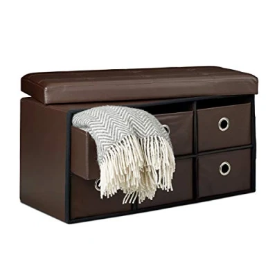 Imagen de Relaxdays Banco, Taburete 6 Compartimentos de Almacenamiento, 38x76x38 cm, Cuero Sintético, Plegable, marrón, Tablero Fibras, 38 x 76 cm