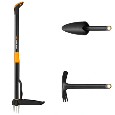 Imagen de Fiskars Juego de Herramientas Jardín, 3 Piezas, Desbrozadora Xact, Acero Inoxidable/Plástico, Azada y Plantadora Solid, Plástico Reforzado con Fibra Vidrio, Negro/Naranja, 1077307
