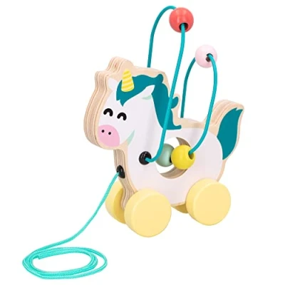Imagen de WOOMAX Mr. Wonderful Arrastre unicornio de madera, Juguete con laberinto cuentas, Juguetes educativos, +18 meses (48804)