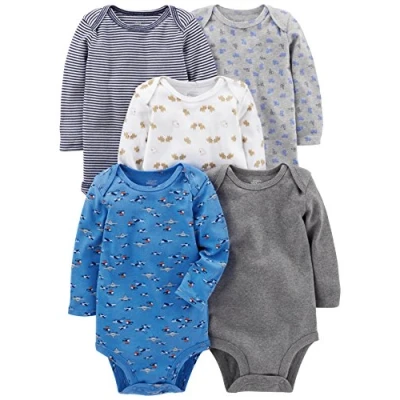 Imagen de Simple Joys by Carter&#039;s Long Sleeve Bodysuit Pack of 5 Body, Azul/Gris/Blanco, 24 Meses (Pack de 5) Unisex bebé