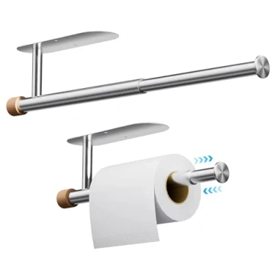 Imagen de Zivacate Portarrollos de Cocina sin taladrar, [Acentos Estéticos Madera] Adhesivo o Taladro Porta Rollos Papel Pared, Soporte Rollo Cocina, Pared (Plata metálica