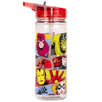 Imagen de Marvel Avengers botella de plástico con pajita, sin BPA, 580 ml, agua escolar para niños, 100% a prueba fugas, duradera superhéroes