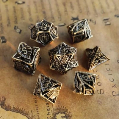 Imagen de Elifel DND Dados Metal Juego Dado Poliédrico Hueco Hoja D&amp;D 7 Piezas para Mazmorras y Dragones Pathfinder RPG MTG D4 D6 D8 D10 D12 D20 D%