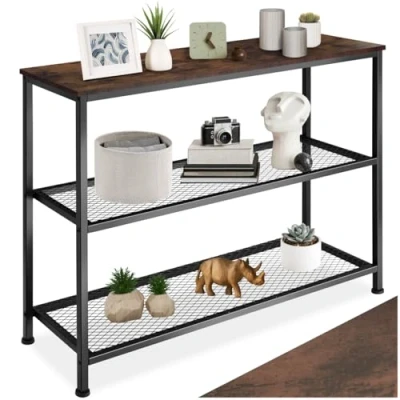 Imagen de TecTake® Mesa Consola, Cómoda Estilo Industrial Rústico, Mobiliario de Salón, Mueble con Estantes Rejilla (Madera Oscura, Rústica)