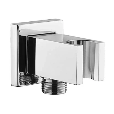 Imagen de Codo de conexión pared cromado con soporte ducha, conector manguera cuadrado latón Keymark, arco ducha soporte, arena para mano