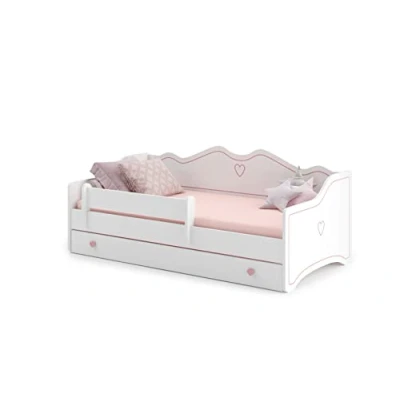 Imagen de KOBI Cama infantil con barrera Emma 160 x 80 cm Camas para niños y niña colchón Almacenamiento cajón Blanco Gris Rosa