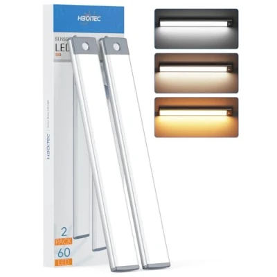 Imagen de HIBOITEC 32cm Làmpara del Armario, 60 Led Luz con Sensor de Movimiento, 3 niveles luminosidad 2000mAh Recargable para Gabinete, Escalera, Pasillo (2Pack)