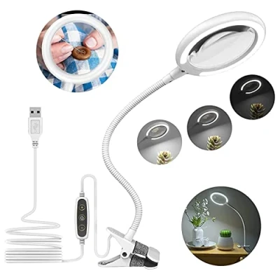 Imagen de Lámpara de aumento LED luz diurna 3X, lupa abrazadera con 6 ajustes ajustables para lectura, personas mayores, pasatiempos, manualidades