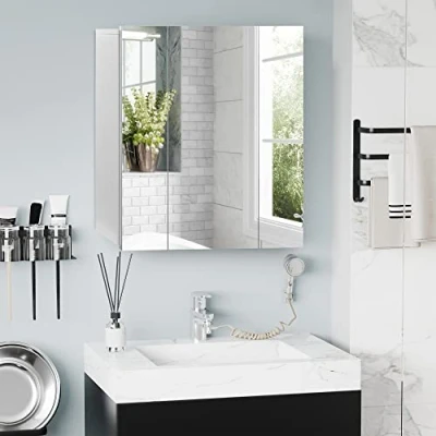 Imagen de kleankin Mueble de Baño con Espejo Pared para 3 Puertas y Estantes Internos Ajustables 70x15x60 cm Blanco