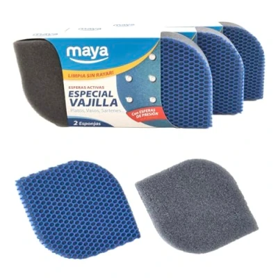 Imagen de MAYA Estropajo EVO para Vajillas. Limpia sin Rayar. No Deja Restos de Comida. Lavables en Lavavajillas y Lavadora. Dimensiones 12x8,5x2,5 cm Pack 6 Estropajos (Azul)