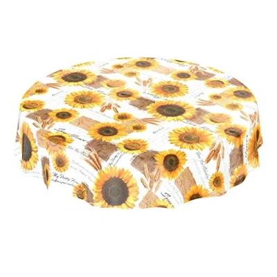 Imagen de ANRO Encerado, Mantel de Hule, Girasoles, Trigo, Redondo, 140 cm, Cloruro polivinilo (PVC), Borde Corte