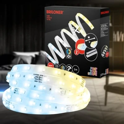 Imagen de BRILONER Pimp your Stripe Starter Set tira LED inteligente de 2 m, blanco cálido a frío, control por voz mediante aplicación, cable 3 acortable, autoadhesivo, tiras LED, luz