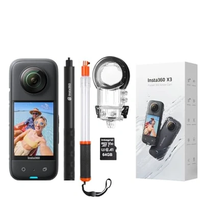 Imagen de Insta360 X3 Kit de cámara acción 360 Grados Que Incluye Carcasa Impermeable 50 m + Palo Selfie Invisible Flotante Transparente Tarjeta Memoria Micro SDHC 64 GB