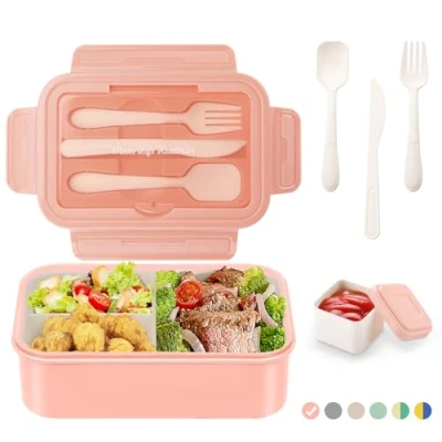 Imagen de LUZOON Lunch Box, 1400Ml Bento Box Fiambrera Infantil y Adultos con 3 Compartimentos Cubiertos Caja de Almuerzo Plástico Alimentos sin BPA, para microondas(Rosa+Recipientes Salsas)