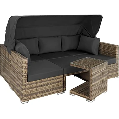Imagen de TecTake® Conjunto Jardín de Ratán con Cojines 10 cm, Muebles Exterior 2 Sofás, Sillones, 1 Taburete, Terraza Resistente a la Intemperie, Respaldo Ajustable, Sin Montaje Natural