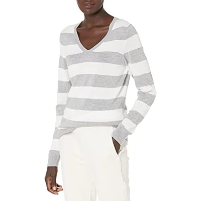 Imagen de Amazon Essentials Jersey de Cuello en V, Manga Larga, Ligero y Ajuste Clásico (Disponible Tallas Grandes) Mujer, Blanco Gris Claro Mezcla Raya Rugby, XL