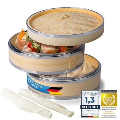 Imagen de Dimono® Vaporera de bambú con acero inoxidable, 2 niveles tapa, Cesta cocción arroz Cocedor para Sim Sum Dumplings, Verduras, Arroz, Carne, Pescado (Ø 24 cm)
