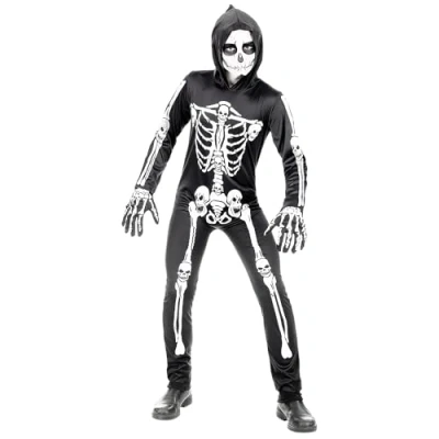 Imagen de W WIDMANN MILANO Party Fashion disfraz infantil esqueleto, mono con capucha, blanco, brilla bajo la luz UV, Halloween
