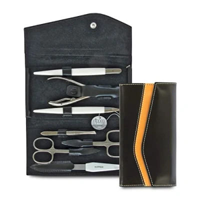 Imagen de Nippes Solingen Set de manicura, 3 piezas, estuche piel vacuno auténtica, con botón a presión, Premium Line, color negro y marrón