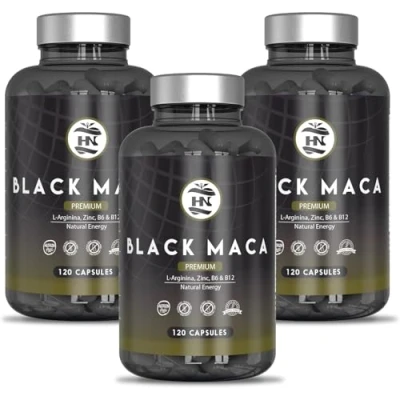 Imagen de Maca Negra Andina Peruana con L arginina 24000 mg Altamente Concentrada 20:1 para máxima energía y rendimiento, Vitaminas B6 B12 contra cansancio fatiga Maka hombres mujeres (120x3 botes)