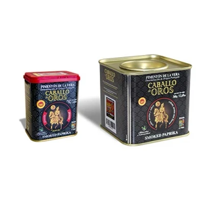 Imagen de Caballo de Oros. Pimenton ahumado la Vera dulce en lata 360 gr. y picante 75gr. D.O.P.