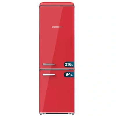 Imagen de Cecotec Frigorífico Retro Combi de 300L Bolero CoolMarket Origin 300 Red E, Clase LED interior, Crisper Box, control temperatura, tirador cromado y bandejas cristal.