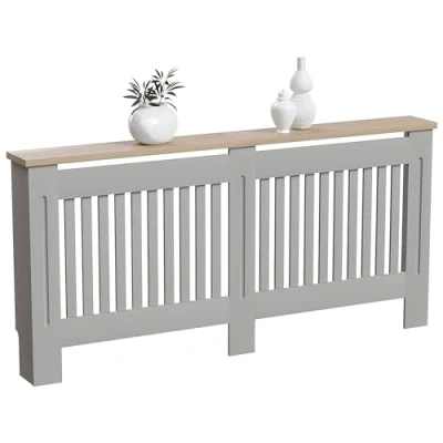 Imagen de Vida Designs Arlington Cubierta para radiador Densidad Media Pintada Moderna, Color Gris, Listones, Parrilla, Estante Superior de Madera, Extra Grande, XL