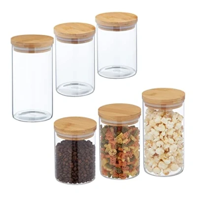 Imagen de Relaxdays Botes Cristal Tapa Bambú, Recipientes Cocina 650ml, 800ml y 1L, Tarros Herméticos Set 6, Transparente/Natural