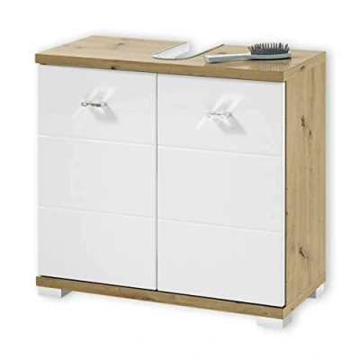 Imagen de Stella Trading POOL mueble de lavabo en aspecto roble artisan, blanco baño con mucho espacio almacenamiento 60 x 52 30 cm