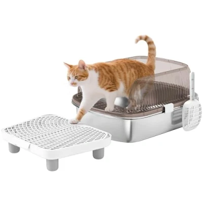 Imagen de PawHut Arenero para Gatos Cubierto Extragrande Caja de Arena Cerrado con Bandeja Acero Inoxidable Bordes Altos Pala Peldaño Zona Caída sin Olor Fácil Limpieza Grandes Gris
