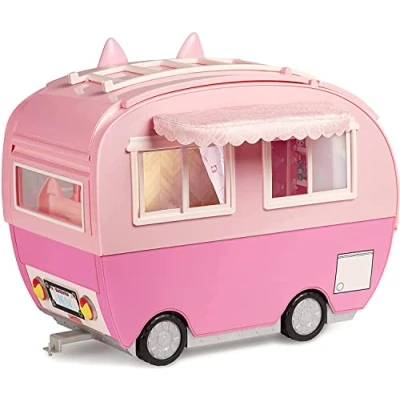 Imagen de Na! Surprise Caravana Kitty Cat rosa con orejas y cola de gato 7 áreas juego que incluyen cocina completa, hamaca accesorios, coche juguete para muñecas más