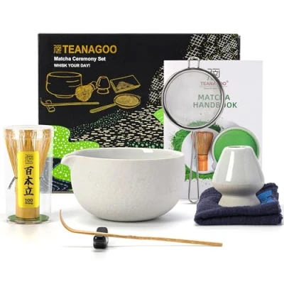 Imagen de TEANAGOO Juego de té japonés (7 Piezas) Tazón Matcha con Boquilla batidor bambú (Chasen) Pala (Chashaku) Soporte para N3 Gris Claro…