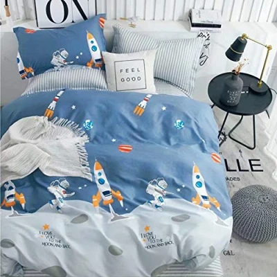 Imagen de Ropa de cama infantil 135 x 200 cm para niños con diseño astronauta y cohete, 100% algodón, 80 cm, funda almohada cremallera, 2 piezas, color azul