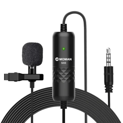 Imagen de Moman Lavalier Microfono Solapa Corbata Condensador Omnidireccional 6M, Clip Microphone Compatible para DSLR Cámaras Reflex, Móviles, Computador Portátil MA6
