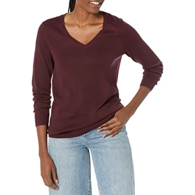 Imagen de Amazon Essentials Jersey de Cuello en V, Manga Larga, Ligero y Ajuste Clásico (Disponible Tallas Grandes) Mujer, Burdeos Oscuro, XS