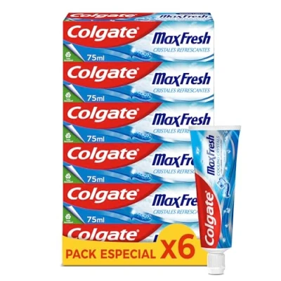 Imagen de Colgate Max Fresh Pasta de Dientes con Flúor y Cristales Refrescantes, Pack 6 Uds x 75ml, Tecnología FX para una Sensación Frescor que Dura 10 Veces Más, Ayuda a Combatir la Caries