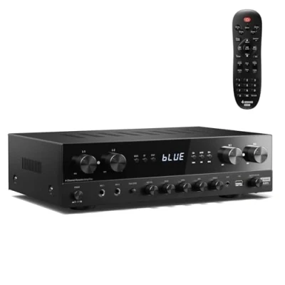 Imagen de Donner Amplificador de Audio, Premium 4 Canales con Potencia Máxima 1000 W Bluetooth 5.0, USB, FM, 2 Entradas Micrófono, RCA, Entrada Fibra/Coaxial para el Hogar, Karaoke