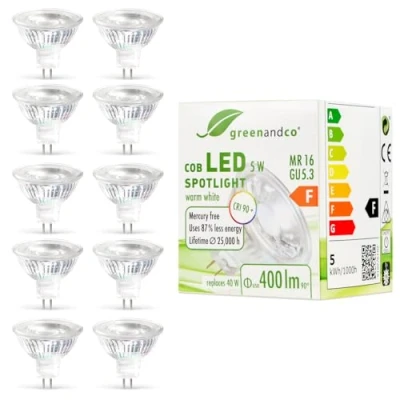 Imagen de greenandco 10x Spot LED MR16 GU5.3, 5W 430lm 3000K (blanco cálido) COB 38 12V AC/DC, no regulable
